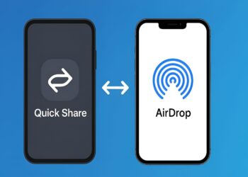 طرح مقایسه‌ای آیکون‌های Quick Share اندروید و AirDrop اپل در کنار هم.