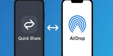 طرح مقایسه‌ای آیکون‌های Quick Share اندروید و AirDrop اپل در کنار هم.