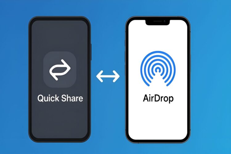 طرح مقایسه‌ای آیکون‌های Quick Share اندروید و AirDrop اپل در کنار هم.