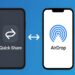 طرح مقایسه‌ای آیکون‌های Quick Share اندروید و AirDrop اپل در کنار هم.