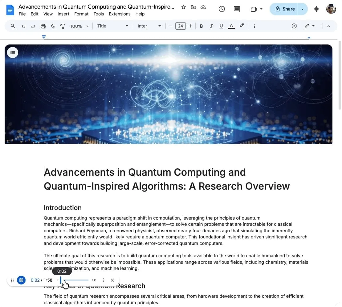 محیط ویرایشگر گوگل داکس همراه با یک ویجت پخش‌کننده صوتی در پایین صفحه برای گوش دادن به متن.