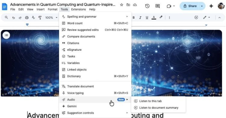 محیط Google Docs در حال نمایش گزینه جدید Audio در منوی Tools برای شنیدن خلاصه متن.