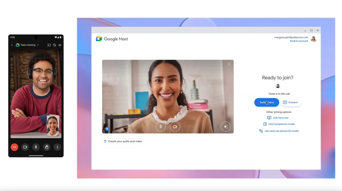 پیش‌نمایشی از رابط کاربری گوگل میت در نسخه موبایل و دسکتاپ که قابلیت پیوستن به جلسات را نشان می‌دهد.