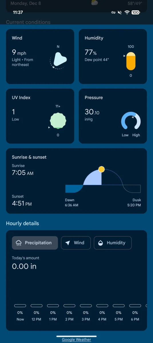 اسکرین‌شات از جزئیات وضعیت جوی شامل سرعت باد، رطوبت، شاخص UV و زمان طلوع و غروب خورشید.