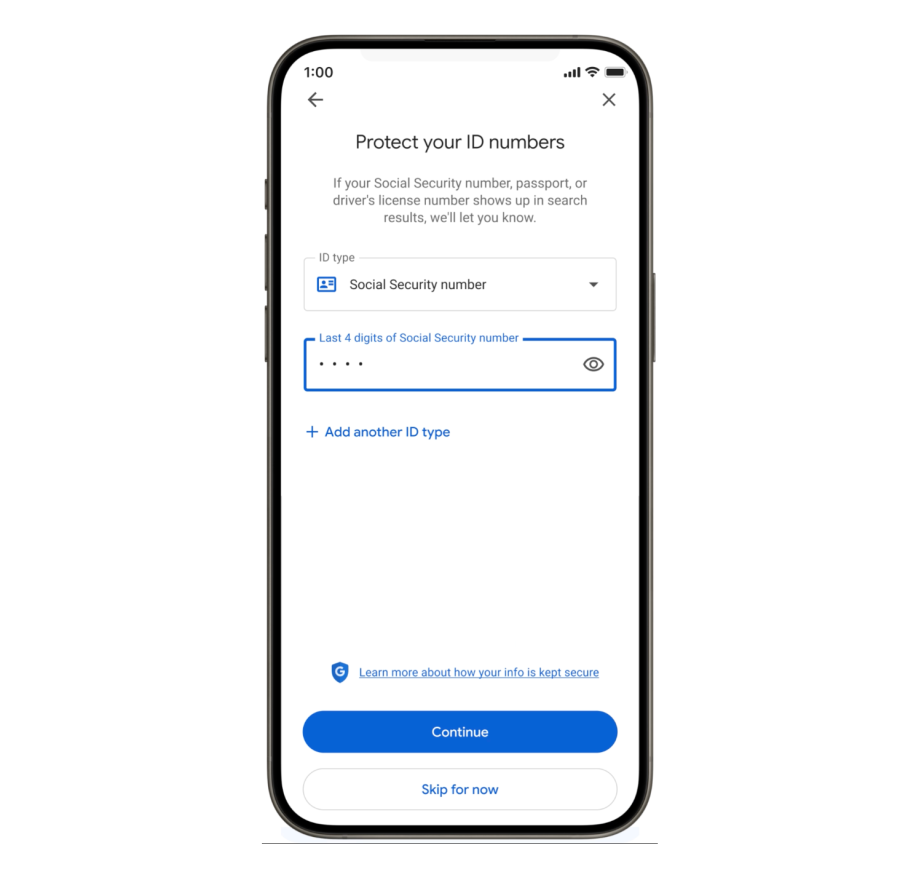 «اسکرین‌شات از منوی تنظیمات گوگل در موبایل با عنوان "Protect your ID numbers" برای وارد کردن شماره‌های شناسایی حساس.»
