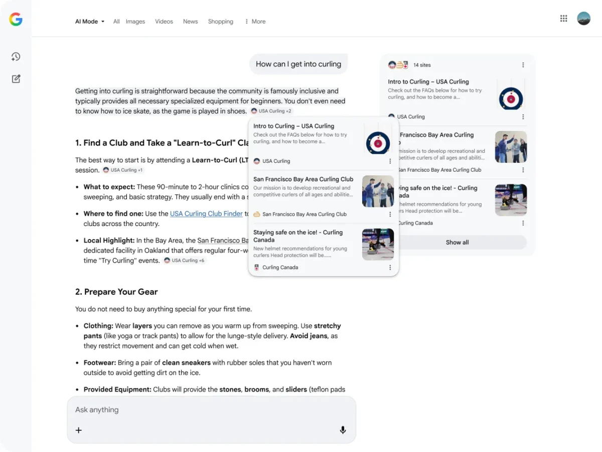 نمای نزدیک از نوار جستجوی رنگارنگ گوگل با عبارت "Ask AI Mode" به همراه آیکون‌های میکروفون، دوربین و دکمه اختصاصی هوش مصنوعی.
