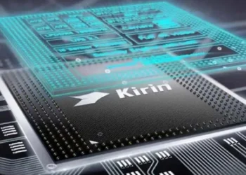 نمای گرافیکی و سه‌بعدی از یک پردازنده با برند Kirin و نقشه‌های فنی دیجیتالی که بالای آن شناور هستند.