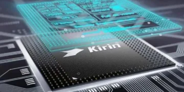 نمای گرافیکی و سه‌بعدی از یک پردازنده با برند Kirin و نقشه‌های فنی دیجیتالی که بالای آن شناور هستند.