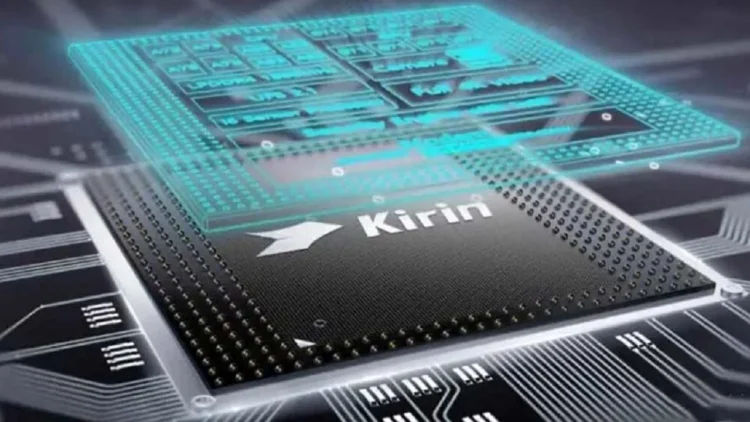 نمای گرافیکی و سه‌بعدی از یک پردازنده با برند Kirin و نقشه‌های فنی دیجیتالی که بالای آن شناور هستند.
