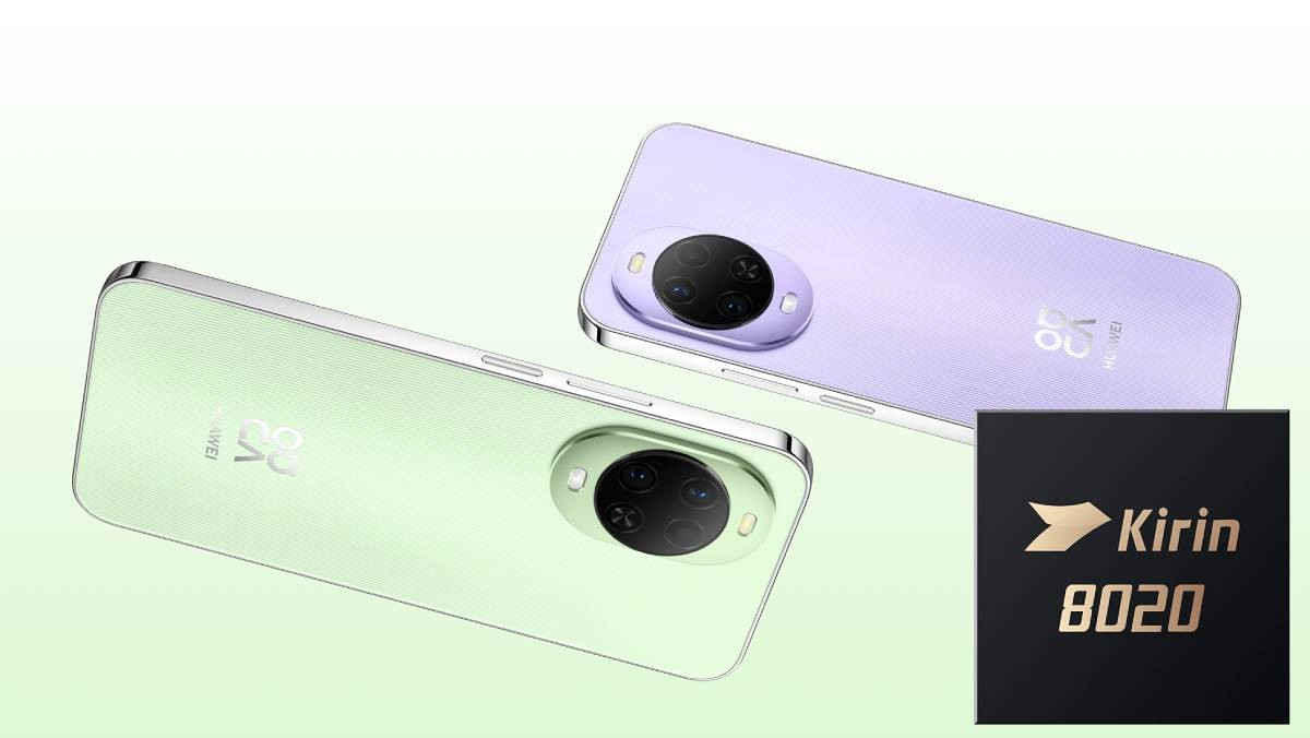 دو گوشی هوشمند هوآوی با رنگ‌های سبز و بنفش در کنار تصویری از لوگوی پردازنده Kirin 8020.