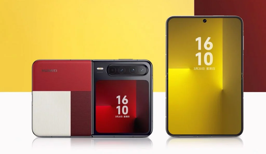 گوشی تاشوی هوآوی Pura X با ترکیب رنگی قرمز، سفید و مشکی در کنار نمایشگر باز شده با والپیپر زرد.