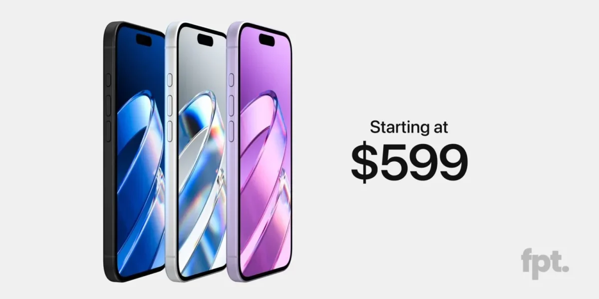 سه مدل گوشی iPhone 17e در رنگ‌های مختلف با متن "Starting at $599".