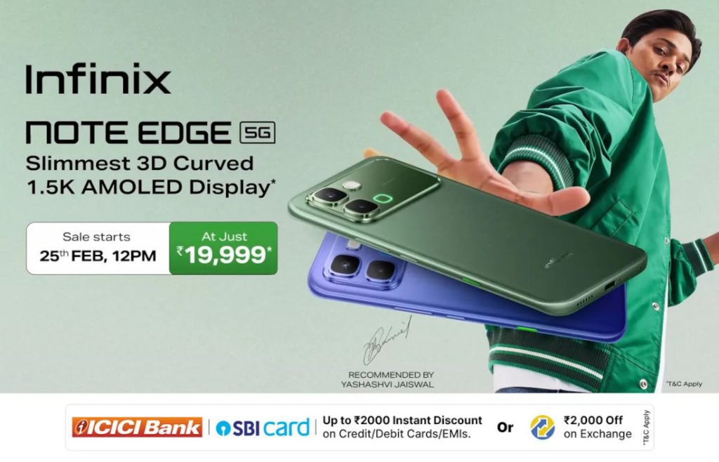 پوستر تبلیغاتی فروش اینفینیکس نوت اج 5G با قیمت ۱۹,۹۹۹ روپیه و جزئیات تخفیف‌های بانکی و تاریخ عرضه.