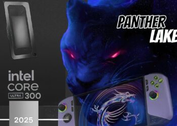 پوستر تبلیغاتی تراشه Intel Core Ultra 300 با اسم رمز Panther Lake و تصویر یک کنسول دستی گیمینگ.
