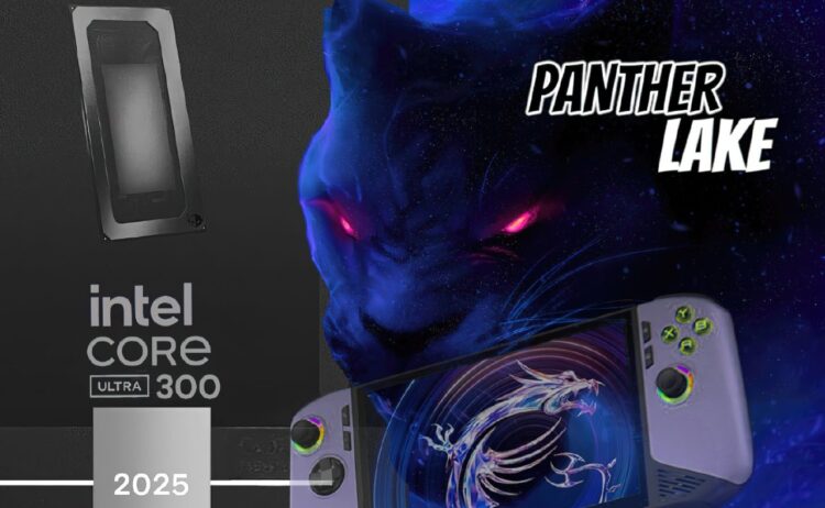 پوستر تبلیغاتی تراشه Intel Core Ultra 300 با اسم رمز Panther Lake و تصویر یک کنسول دستی گیمینگ.