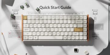کیبورد بی‌سیم Keychron K3 HE سفید با لبه‌های چوبی روی دفترچه راهنما و قطعات جانبی.