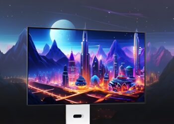 مانیتور گیمینگ ۳۲ اینچی LG OLED با تصویری باکیفیت از یک شهر آینده‌نگرانه و فانتزی.