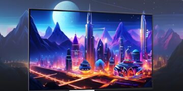 مانیتور گیمینگ ۳۲ اینچی LG OLED با تصویری باکیفیت از یک شهر آینده‌نگرانه و فانتزی.