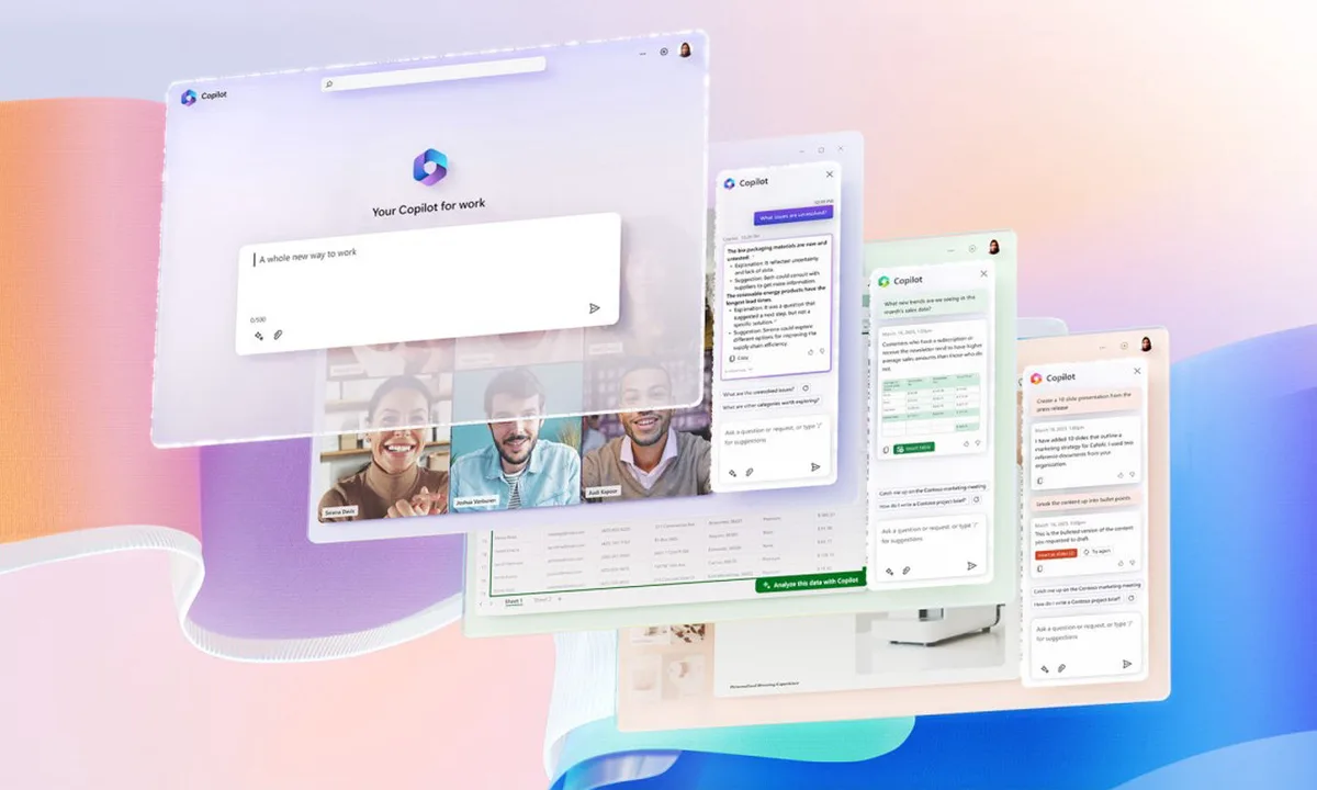 بنر معرفی Microsoft 365 Copilot با چند پنجره رابط کاربری شناور که نمونههایی از چت، پیشنهادهای نوشتاری و تحلیل دادهها را در محیط اپهای کاری نمایش میدهد؛ تصویری مفهومی از دستیار هوش مصنوعی برای بهرهوری و اتوماسیون وظایف در فضای مایکروسافت ۳۶۵.