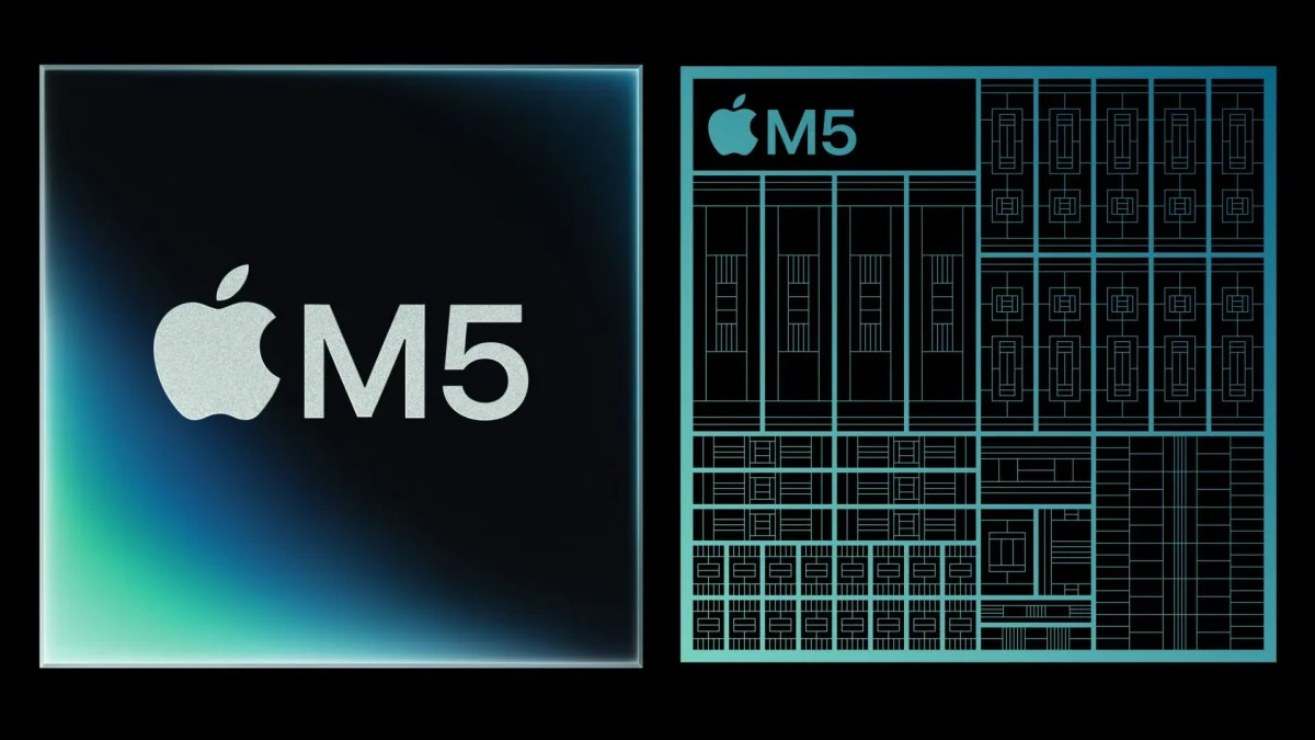 تصویر گرافیکی از تراشه اپل "M5" در کنار دیاگرام ساختار داخلی (Die) آن.