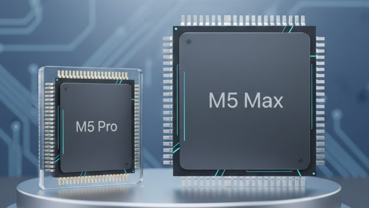 دو تراشه پردازنده در کنار هم با برچسب‌های "M5 Pro" و "M5 Max".