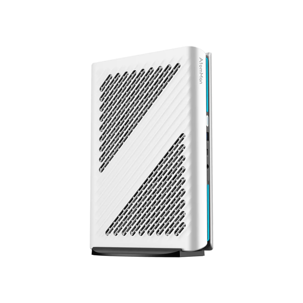 نمای سه‌چهارم از دستگاه MINISFORUM AtomMan G1 Pro با بدنه سفید و خطوط تهویه مورب، طراحی باریک، نوار آبی نورپردازی و شیوه قرارگیری عمودی برای خنک‌کنندگی بهتر.