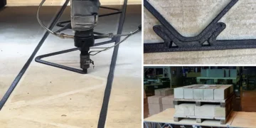 خرپای سازه‌ای چاپ‌شده با چاپگر سه‌بعدی از پلاستیک بازیافتی که روی پایه‌ها قرار گرفته و اجزایی مانند خرپا، کلاهک انتهایی و ستون‌های تکیه‌گاهی در آن مشخص شده‌اند.