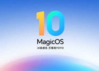 تصویر معرفی MagicOS 10 با طراحی مینیمال، عدد 10 رنگی در بالای نام MagicOS و شعار چینی مرتبط با پیشرفت هوش مصنوعی، روی پسزمینه روشن با گرادیان ملایم آبی و بنفش.