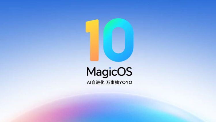 تصویر معرفی MagicOS 10 با طراحی مینیمال، عدد 10 رنگی در بالای نام MagicOS و شعار چینی مرتبط با پیشرفت هوش مصنوعی، روی پسزمینه روشن با گرادیان ملایم آبی و بنفش.