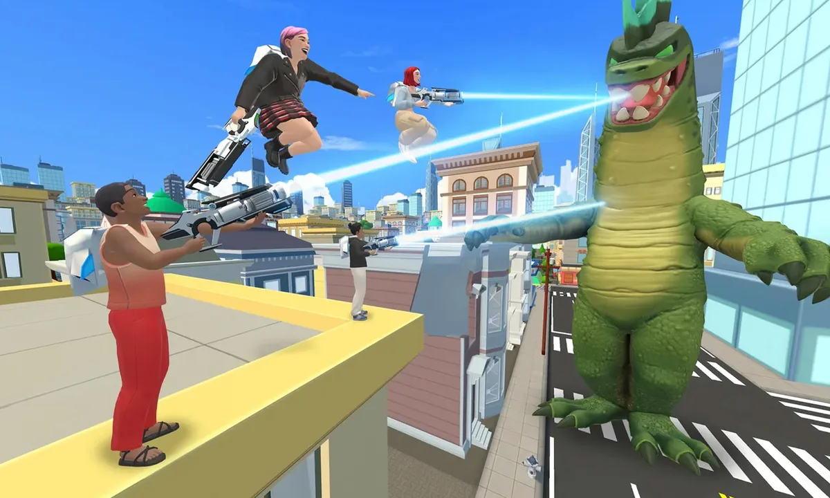 آواتارهای دیجیتال در یک محیط شهری مجازی در حال مبارزه با یک هیولای سبز غول‌پیکر.