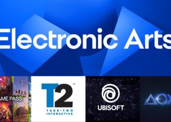 بنر تبلیغاتی با لوگوی بزرگ Electronic Arts در بالا و لوگوهای Xbox Game Pass، Take-Two، Ubisoft و PlayStation در پایین.