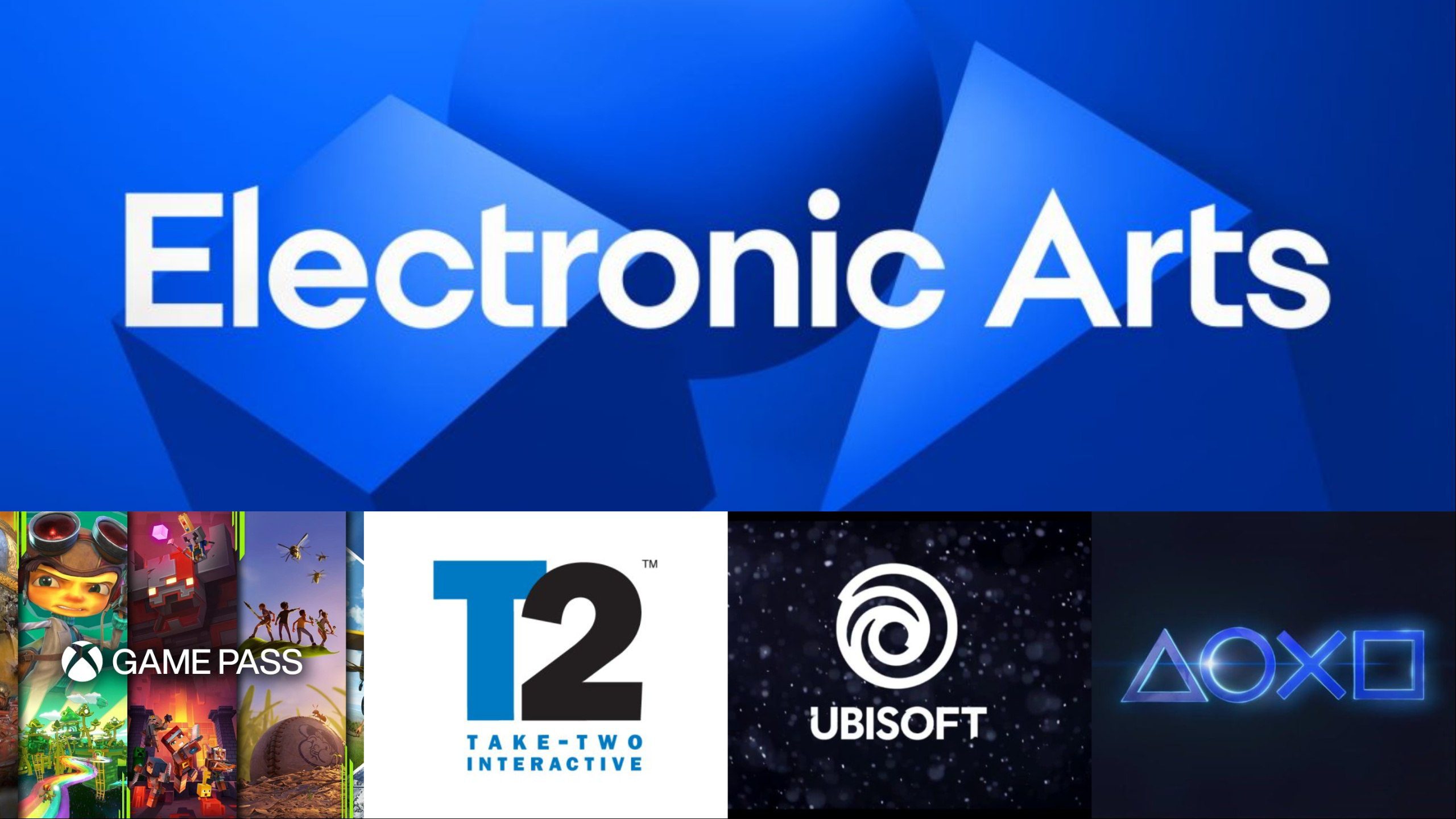بنر تبلیغاتی با لوگوی بزرگ Electronic Arts در بالا و لوگوهای Xbox Game Pass، Take-Two، Ubisoft و PlayStation در پایین.