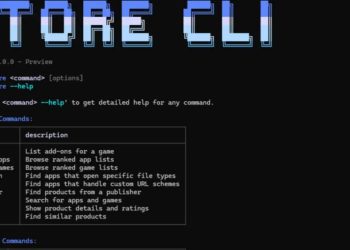 اسکرین‌شات از محیط خط فرمان (Command-line) با عنوان بزرگ STORE CLI و لیستی از دستورات جستجو در استور مایکروسافت.
