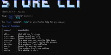 اسکرین‌شات از محیط خط فرمان (Command-line) با عنوان بزرگ STORE CLI و لیستی از دستورات جستجو در استور مایکروسافت.
