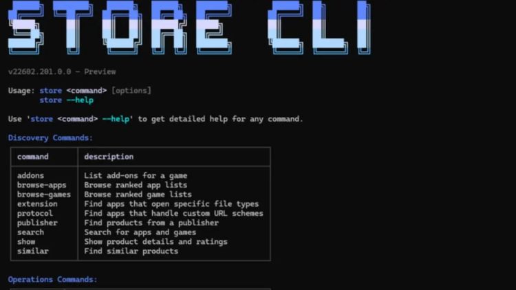 اسکرینشات از محیط خط فرمان (Command-line) با عنوان بزرگ STORE CLI و لیستی از دستورات جستجو در استور مایکروسافت.