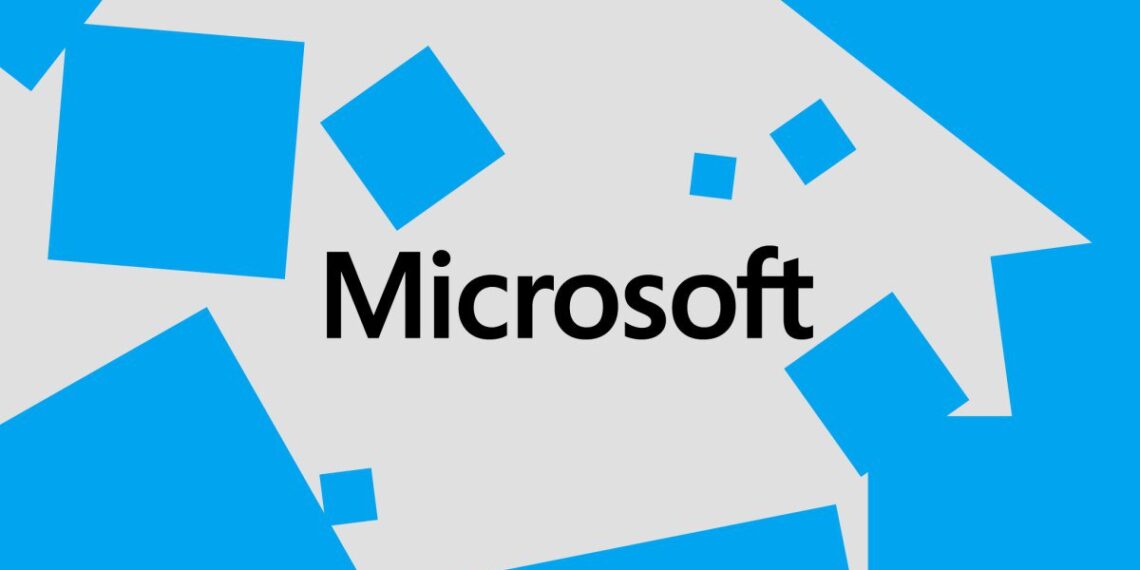لوگوتایپ کلمه Microsoft به رنگ مشکی در میان چندین مربع آبی‌رنگ با اندازه‌های مختلف در یک پس‌زمینه خاکستری.
