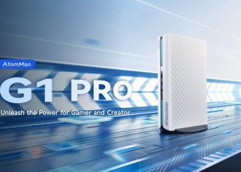 پوستر تبلیغاتی AtomMan G1 Pro با شعار «Unleash the Power for Gamer and Creator»، در پسزمینه فناوری آبی و سبک سایبرنتیک؛ تأکیدی بر توان محاسباتی بالا برای بازی و تولید محتوا.