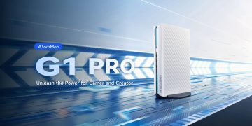 پوستر تبلیغاتی AtomMan G1 Pro با شعار «Unleash the Power for Gamer and Creator»، در پس‌زمینه فناوری آبی و سبک سایبرنتیک؛ تأکیدی بر توان محاسباتی بالا برای بازی و تولید محتوا.