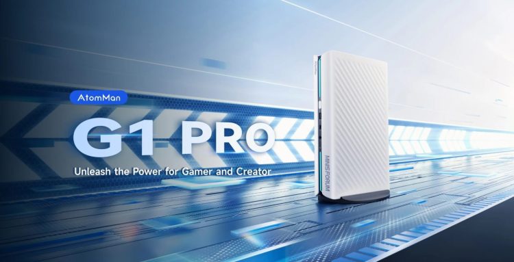 پوستر تبلیغاتی AtomMan G1 Pro با شعار «Unleash the Power for Gamer and Creator»، در پس‌زمینه فناوری آبی و سبک سایبرنتیک؛ تأکیدی بر توان محاسباتی بالا برای بازی و تولید محتوا.