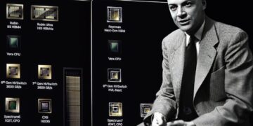 نمودار معرفی پلتفرم‌های محاسباتی NVIDIA شامل معماری‌های Rubin و Feynman با اجزایی مانند HBM نسل جدید، Vera CPU، NVSwitch و Spectrum CPO برای زیرساخت هوش مصنوعی و دیتاسنتر