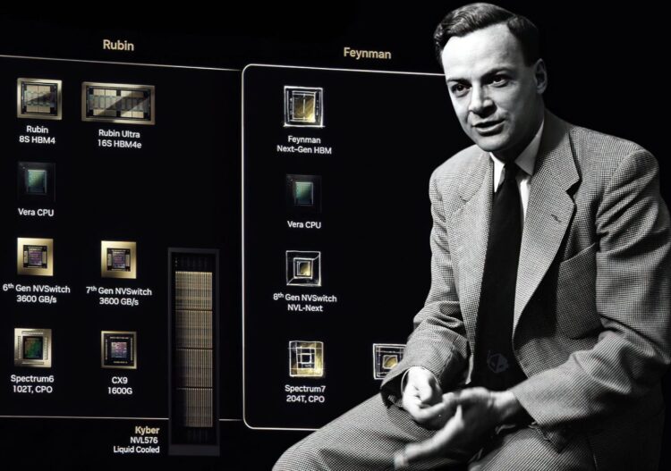 نمودار معرفی پلتفرمهای محاسباتی NVIDIA شامل معماریهای Rubin و Feynman با اجزایی مانند HBM نسل جدید، Vera CPU، NVSwitch و Spectrum CPO برای زیرساخت هوش مصنوعی و دیتاسنتر