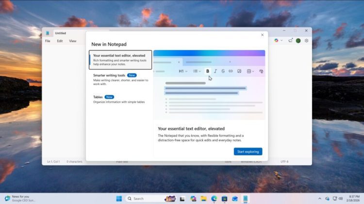 نمای محیط Notepad جدید در ویندوز با نوار ابزار قالببندی، امکان افزودن تصویر، جدول و متن غنی در ویرایشگر