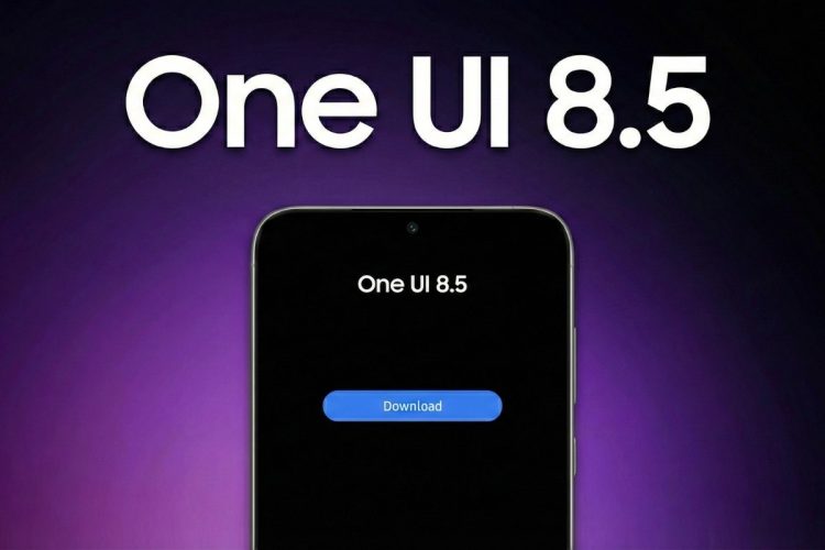 پوستر گرافیکی با متن بزرگ One UI 8.5 روی تصویر بالای یک گوشی هوشمند با دکمه دانلود.