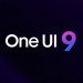 تایپوگرافی سفید رنگ عبارت "One UI 9" با عدد ۹ رنگی در پسزمینه تیره و انتزاعی.