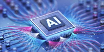 ک تراشه کامپیوتری مدرن با حروف درخشان "AI" و رشتههای نوری متصل به مدار.