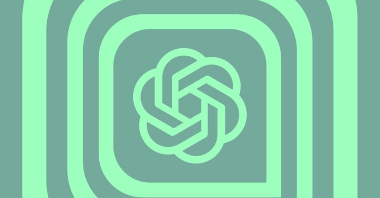 لوگوی شرکت OpenAI (طرح هندسی گل‌مانند) در مرکز یک الگوی دایره‌ای با تم رنگی سبز نعنایی.