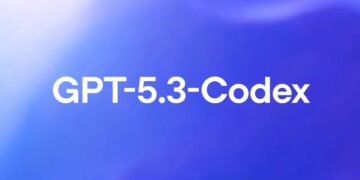 متن "GPT-5.3-Codex" روی پسزمینهای با طیف رنگی آبی و بنفش.