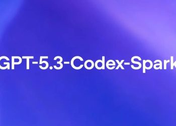 کلمه GPT-5.3-Codex-Spark با فونت سفید روی پس‌زمینه انتزاعی بنفش و آبی.