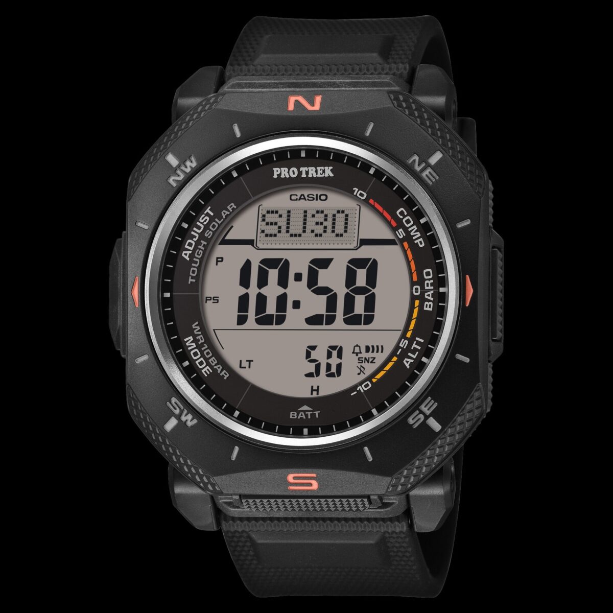 نمای روبرو از ساعت مچی دیجیتال Casio Pro Trek مدل PRG-69-1 با بدنه و بند مشکی.