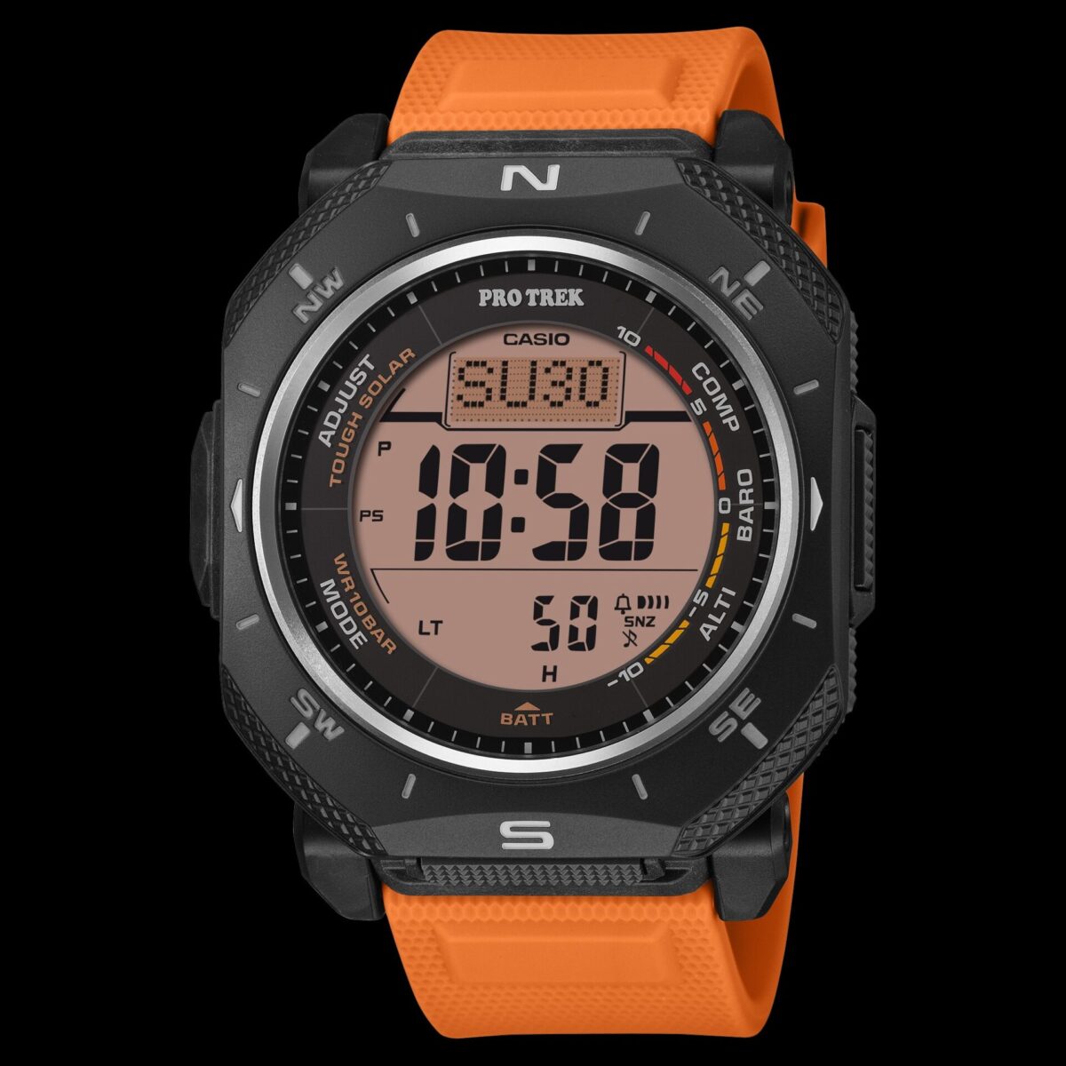 نمای روبرو از ساعت مچی دیجیتال Casio Pro Trek مدل PRG-69-4 با بند نارنجی روشن.
